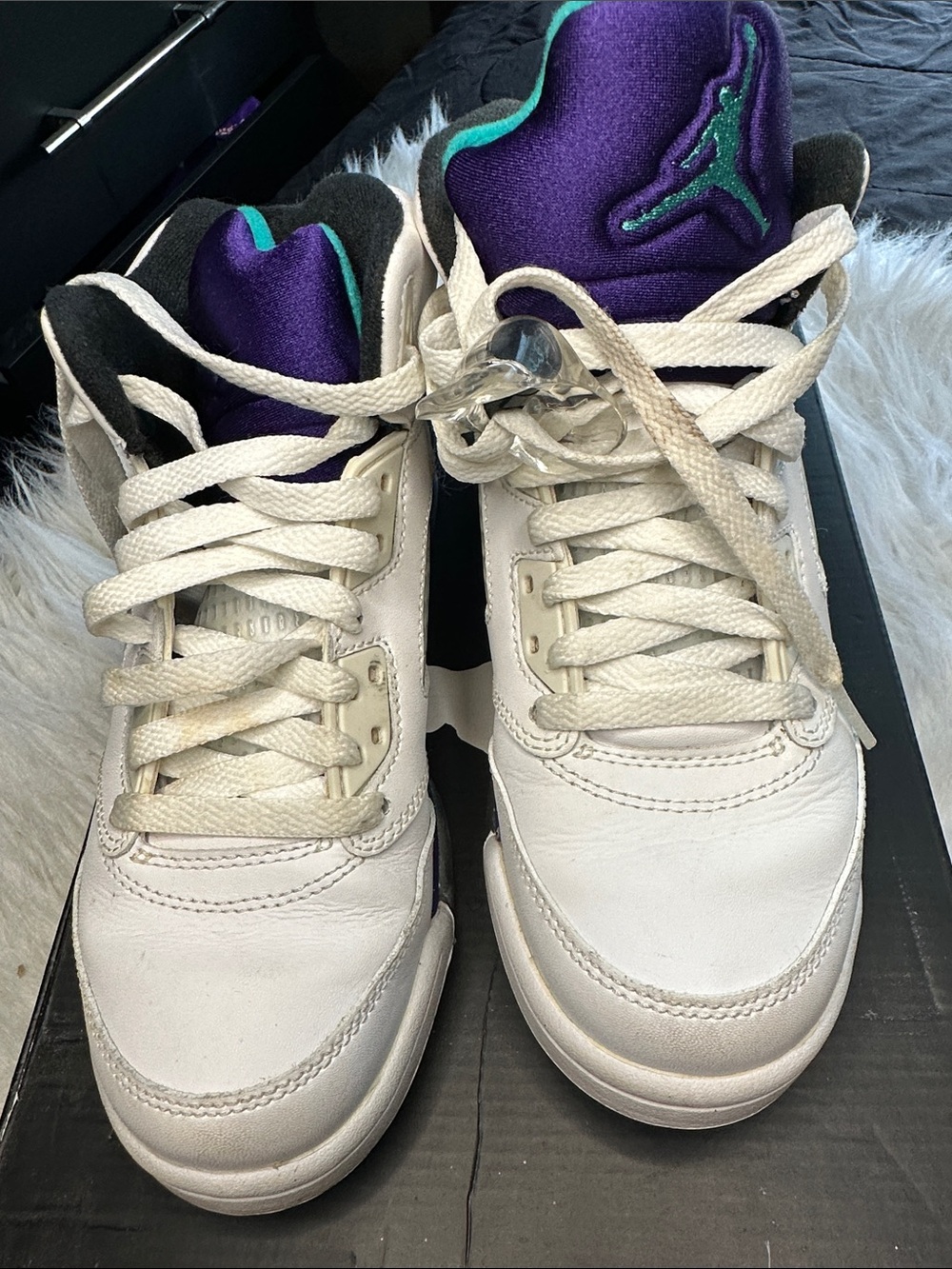 Jordan 5 White High-Top Sneakers with Purple & Teal Accents